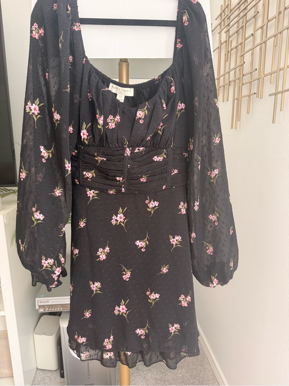 Black Floral Long-Sleeve Mini Dress with Puff Sleeves